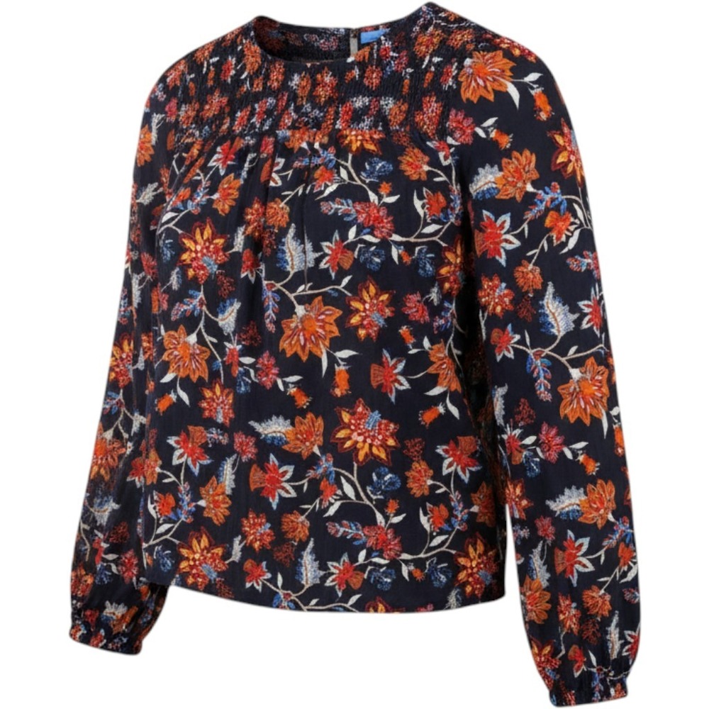 Draper James Navy Blue Floral Smocked Long Sleeve Blouse XL Rayon Peasant Top